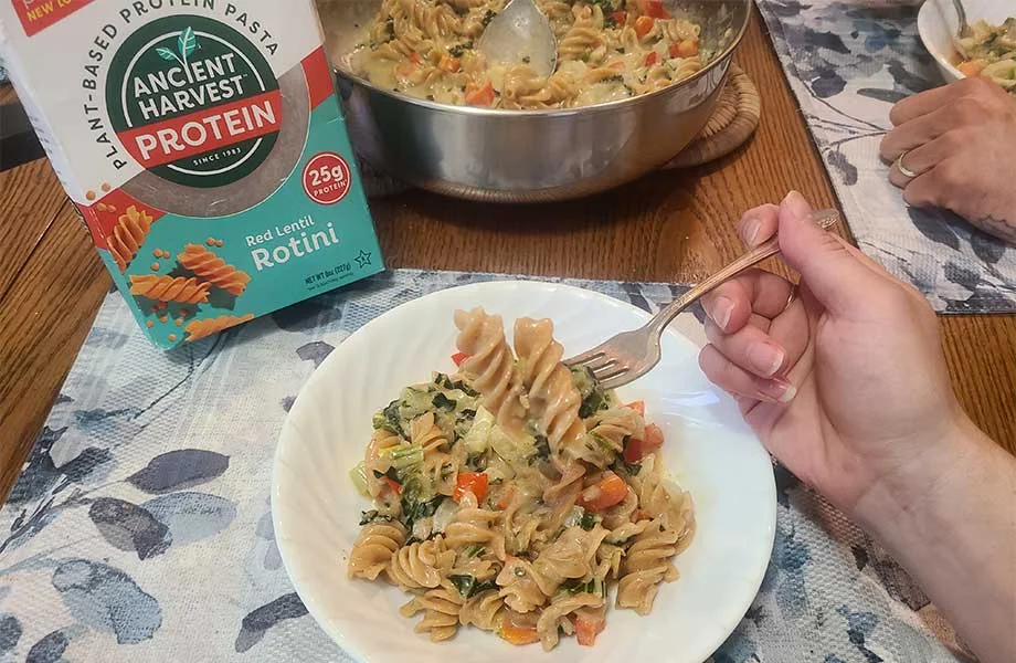 Eating Ancient Harvest Protein Pasta.