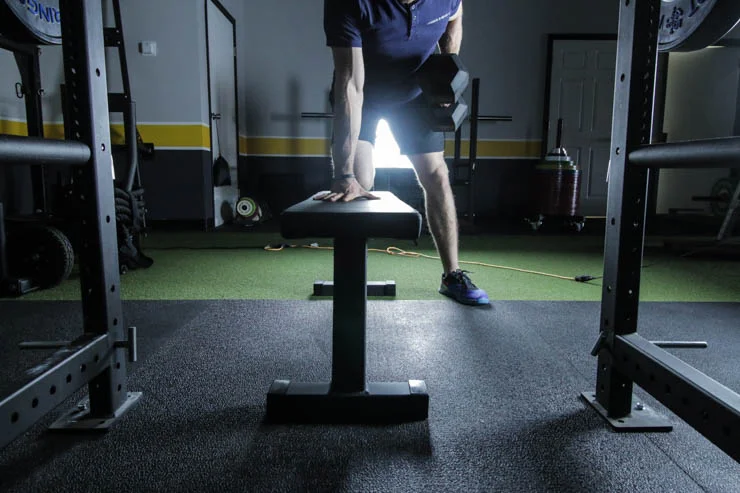 Coop doing rows on the Rogue Flat Utility Bench 2.0