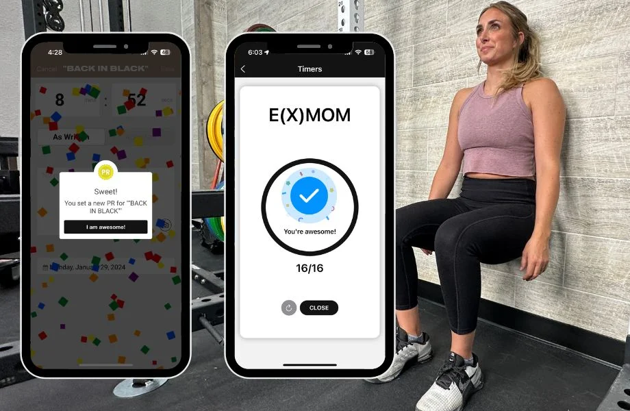woman doing wall sits as part of train hard programming. On the screen, you can see an EMOM timer and a status update viewable on the Train Hard app
