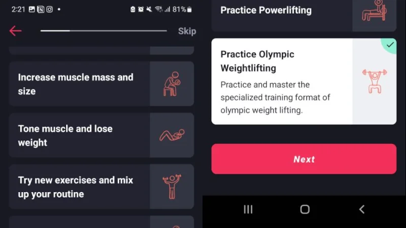 Images of the goals questionnaire in the Fitbod app