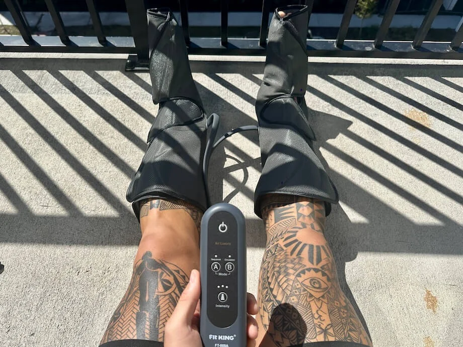 Looking down at your legs in a Fit King Leg Massager.