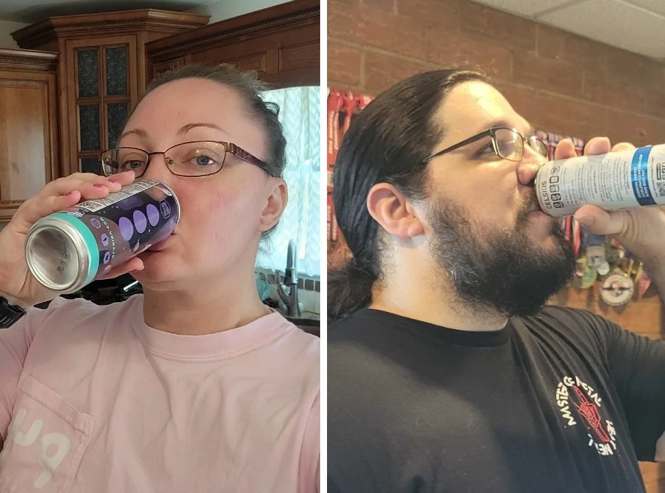 A side-by-side showing people drinking Alani Nu and Celsius.