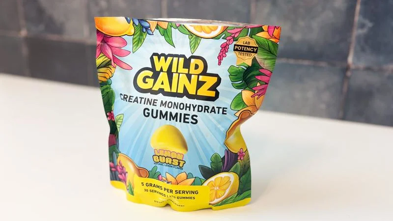 a-bag-of-wild-gainz-creatine-gummies Looking at a bag of Wild Gainz Creatine Gummies.