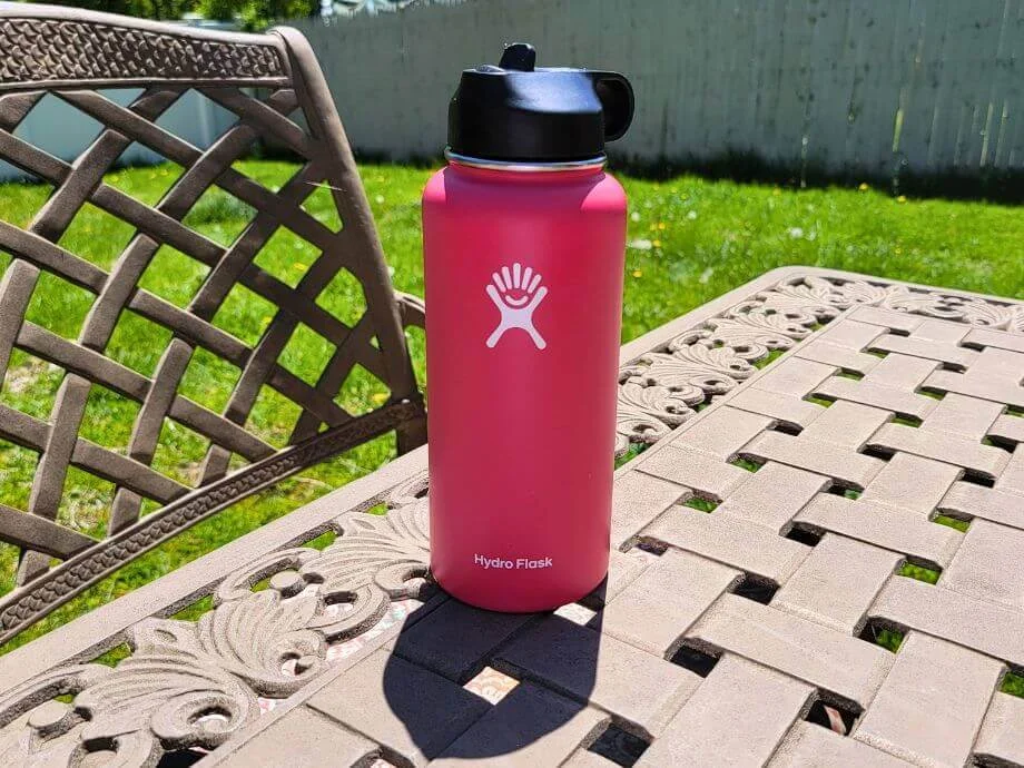 Hydro Flask water bottle on patio table