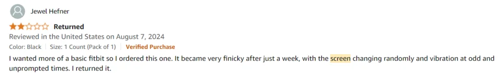 Screenshot of a critical 2-star Amazon review for the Fitbit Inspire 2, emphasizing the screen changing randomly, vibrations at odd and unprompted times, and overall finicky performance.
