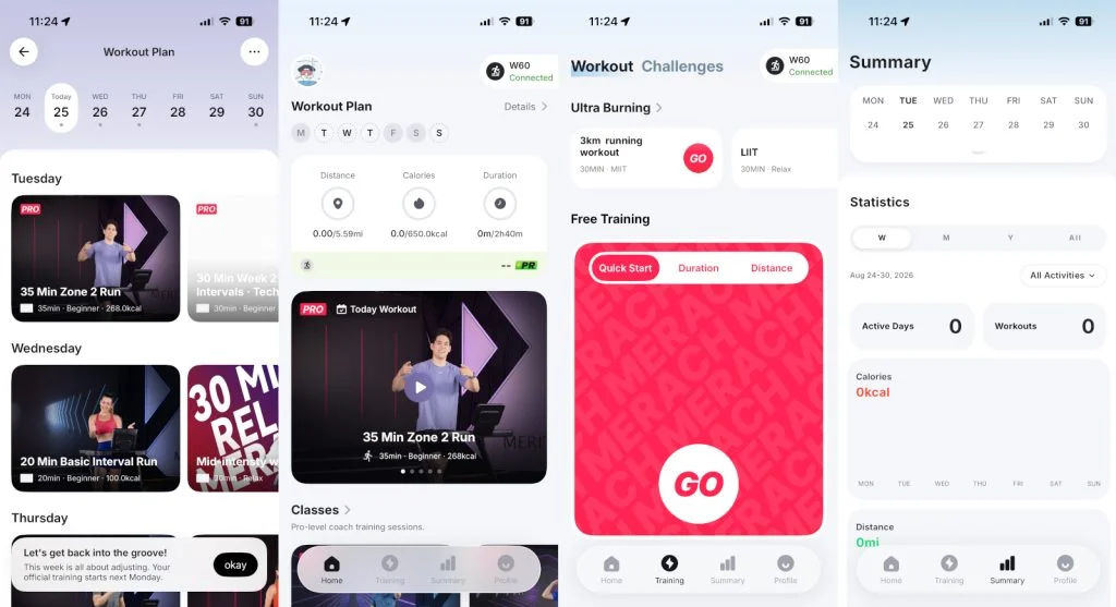 Screenshots of the MERACH fitness app, including workout planning, fitness tracking, treadmill syncing, among other features.