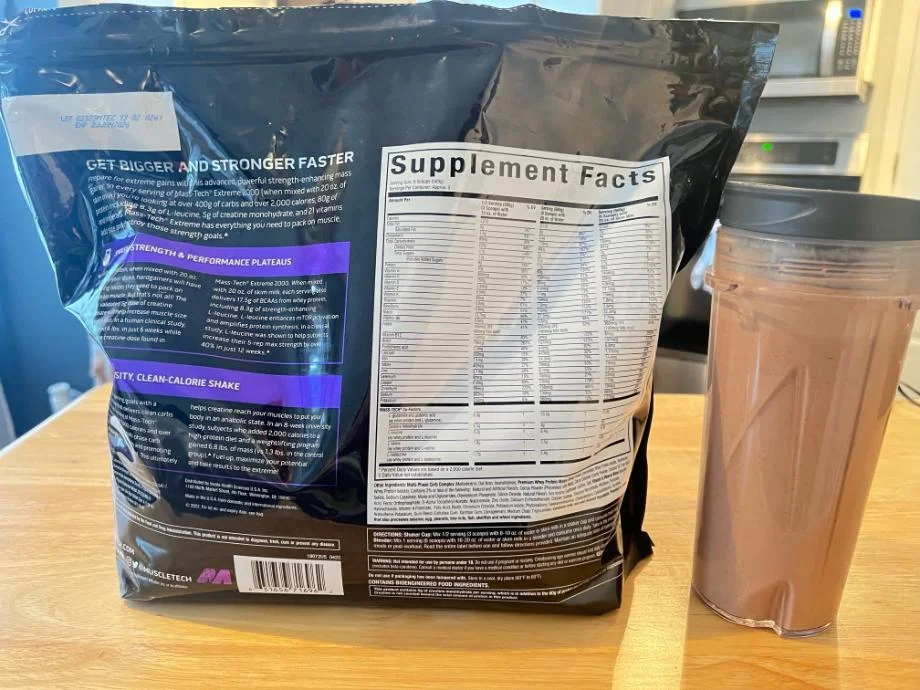 The back of a bag of MuscleTech Mass Gainer displaying the Supplement Facts label.&nbsp;