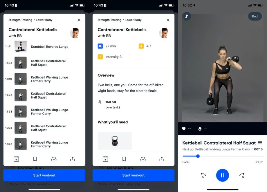 A screenshot of a contralateral kettlebell workout on the Aaptiv workout app.