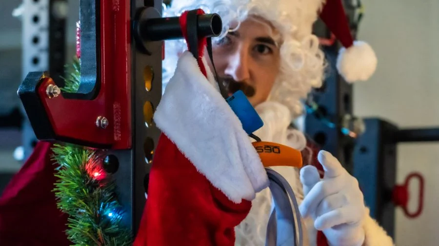 Coop in a santa costume.