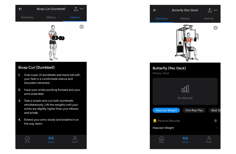 Available exercise instructions and visual demonstrations found in the Hevy app