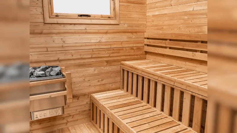 the interior layout of the Redwood Outdoors Thermowood Cabin sauna