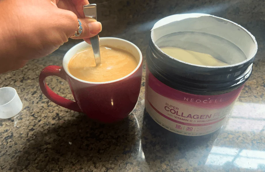 Our tester adding a serving of NeoCell Super Collagen to their morning coffee