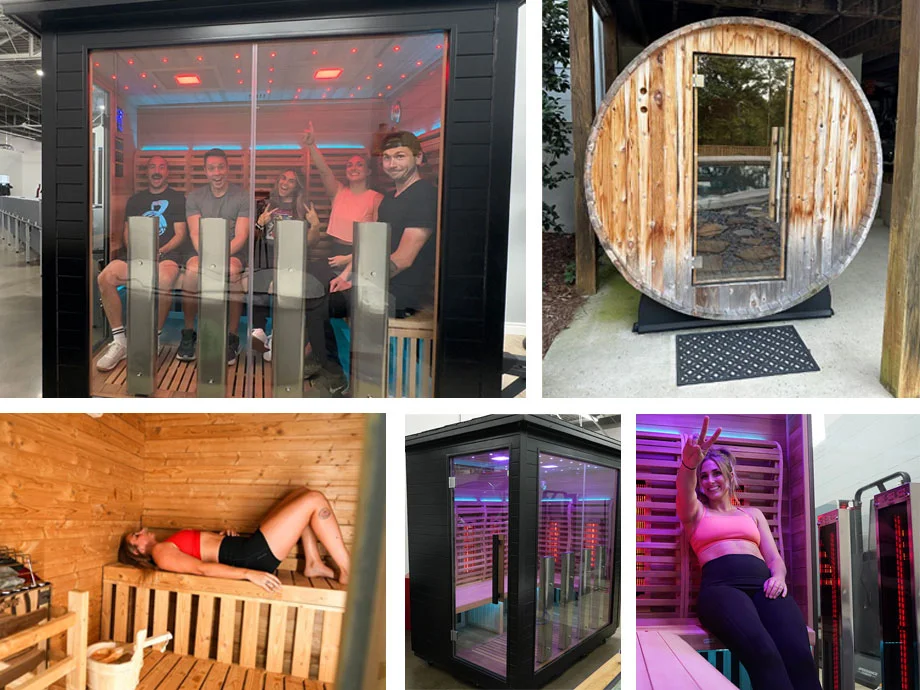 collage of saunas featuring infrared, steam, and barrel saunas