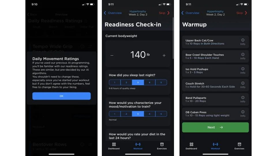 Screenshots of the JuggernautAI app showing various parts of the workout and profile dashboards