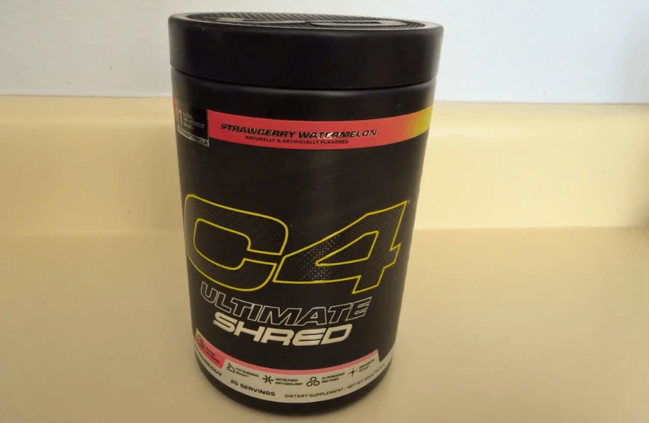 A container of Cellucor C4 Ultimate Shred pre-workout