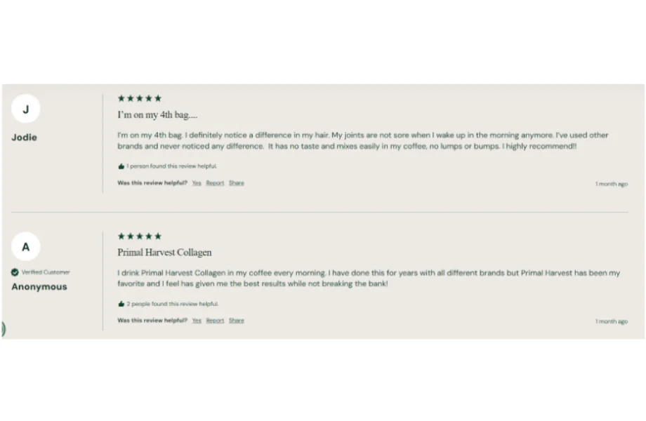 Primal Collagen customer reviews sourced from the Primal Harvest retail site