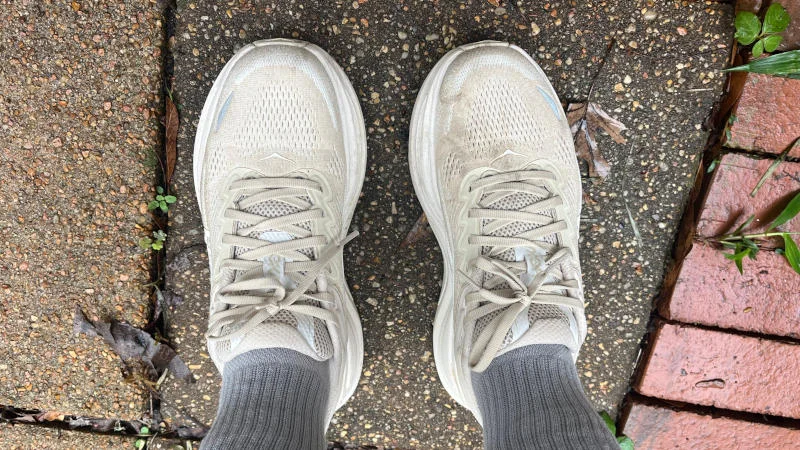 Our tester wearing a pair of Hoka Bondi 9 running shoes