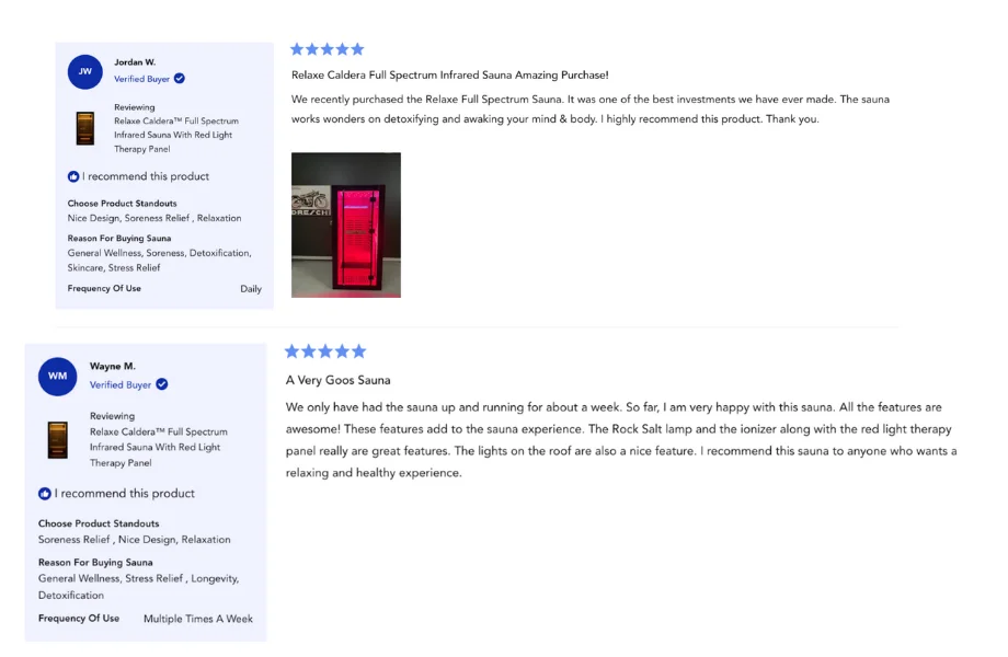 Online customer feedback on the Relaxe Caldera Infrared Sauna