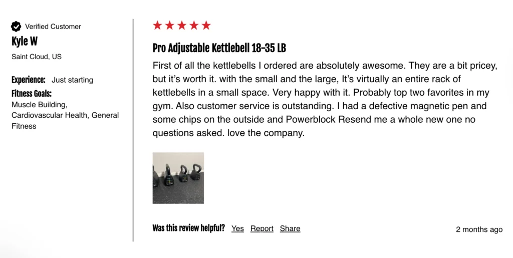 A verified customer review of the PowerBlock Adjustable Kettlebell