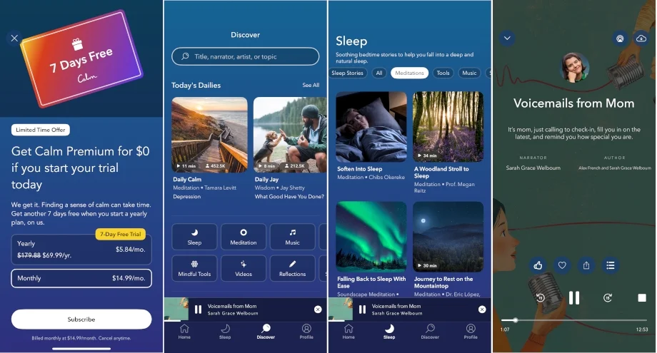 Screenshots from the Calm app.