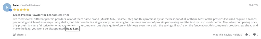 A positive review is shown for Jacked Factory Authentic Iso Whey Protein.