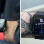 A side-by-side image of whoop vs apple watch on peoples' wrists