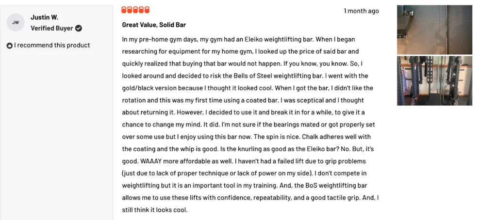 Online customer reviews for the Bells of Steel Olympic Weightlifting Barbell 2.0.