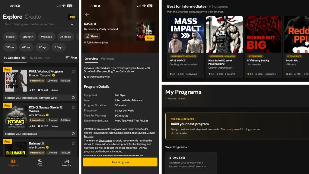 A collage of screeenshots from Boostcamp, showcasing the program offerings in the app.