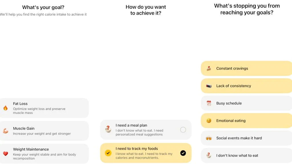 Screenshots of the quiz used by fitia to assess fitness goals.