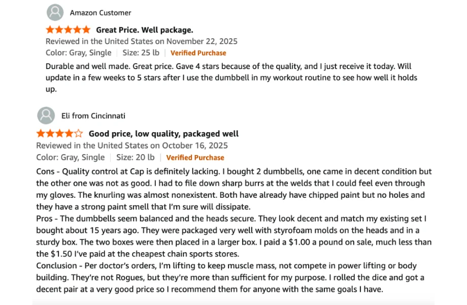 Online customer reviews for CAP Cast Iron Hex Dumbbells
