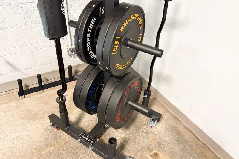 Looking at a Bells of Steel Bumper Plate Tree and Bar Holder