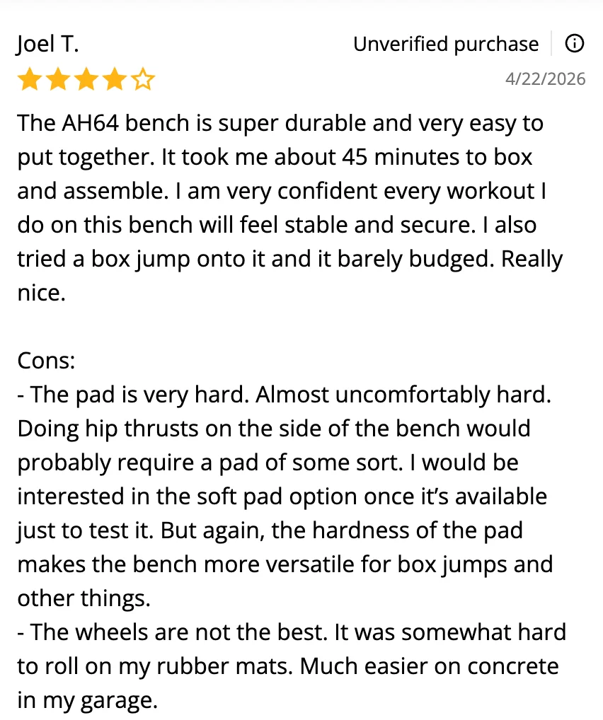 A screenshot of a customer review for the AH64 bench from Major Fitness