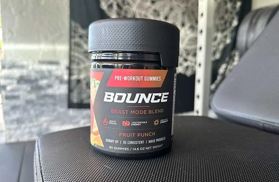 A container of Bounce Pre-Workout Gummies