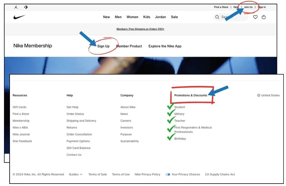 Nike Promo code screenshots of website navigation 