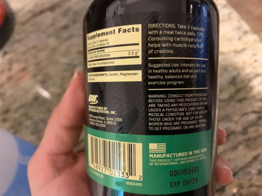 Supplement facts on a bottle of Optimum Nutrition Creatine Pills