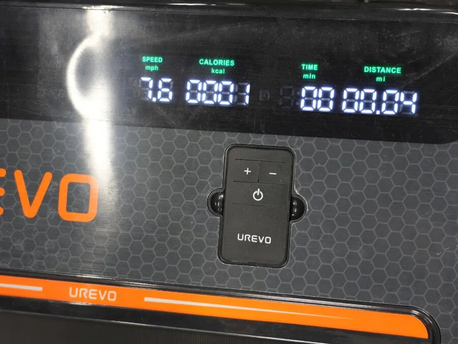 UREVO treadmill stats on the top of the treadmill