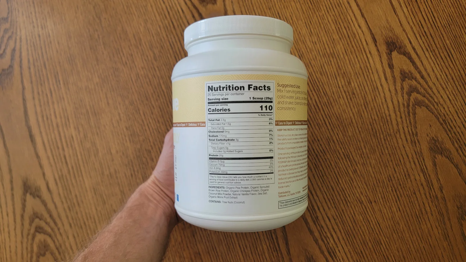 Nutrition Facts and ingredients on the label of a container of TumLove Gut-Friendly Protein Powder.