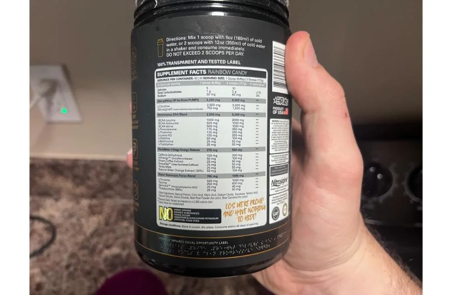 Pride Pre-workout nutrition label