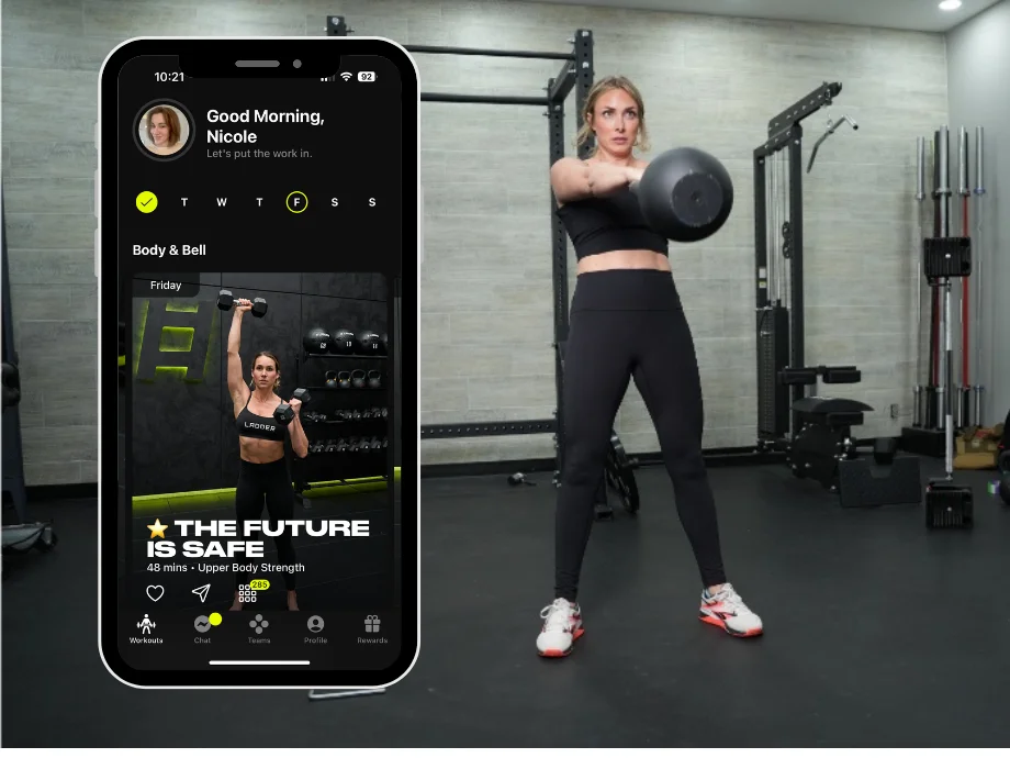 A screenshot of the Ladder app is shown next to a woman working out.