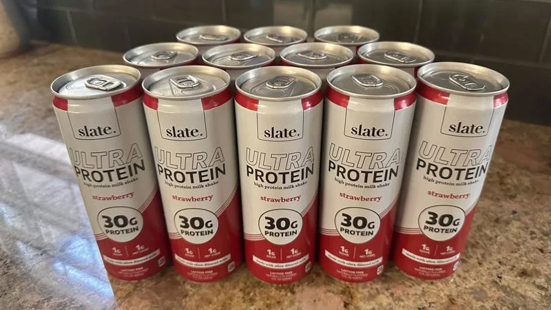 A case of Slate Protein Powder after being unboxed