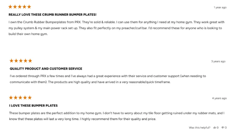 Online customer reviews for PRx Crumb Rubber Bumper Plates