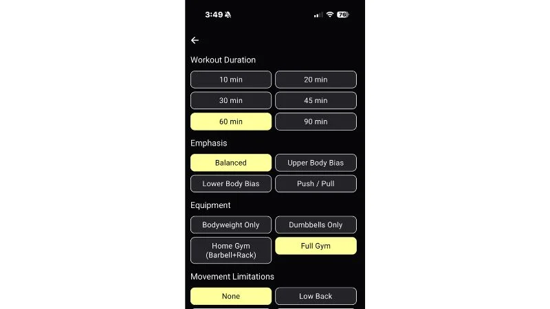 A screenshot of the customization options in the TR[Ai]NER app