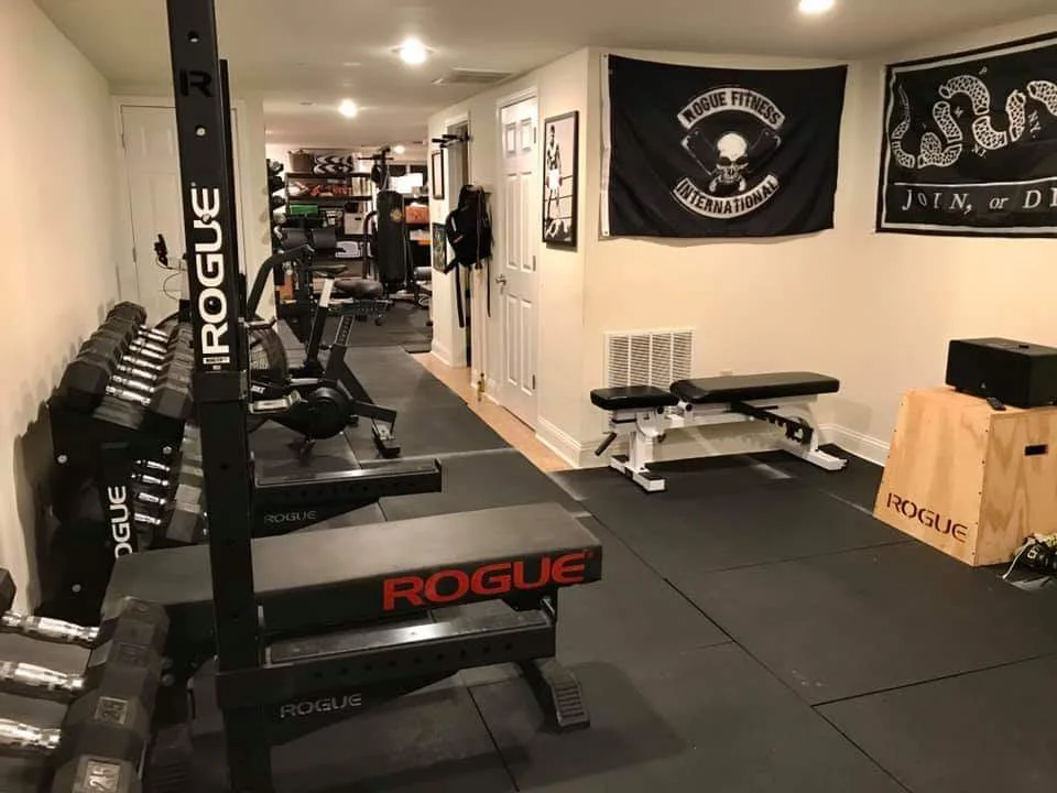 Home gym with Rogue Fitness equipment