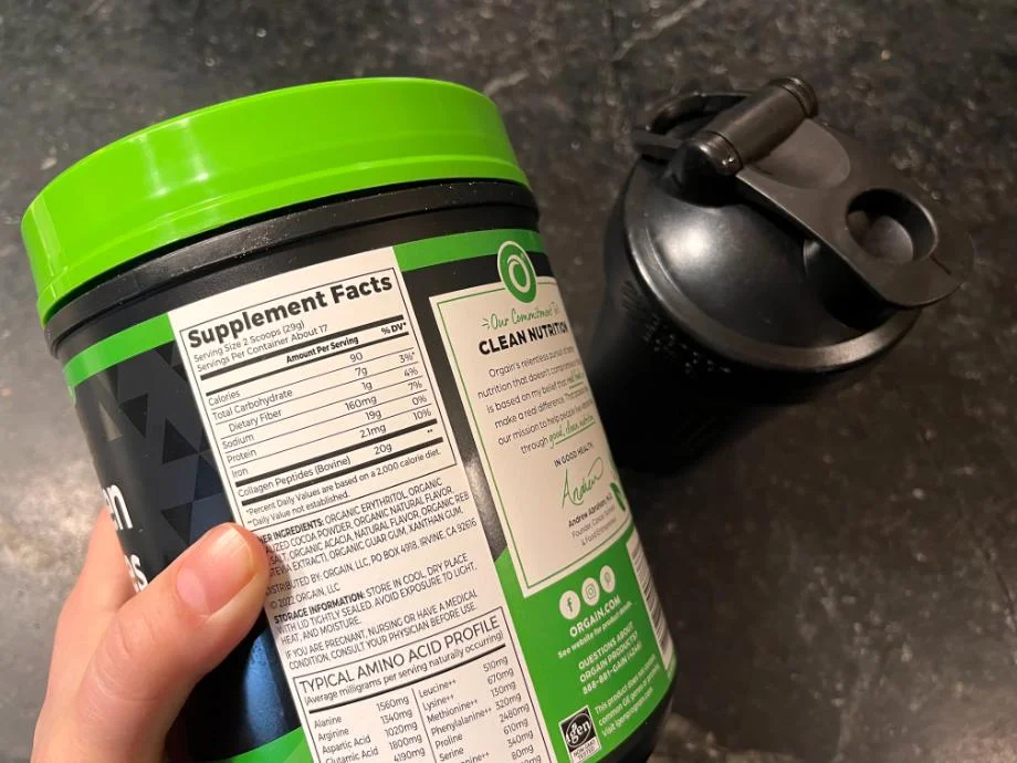 Supplement Facts label on a container of Orgain Collagen Peptides.