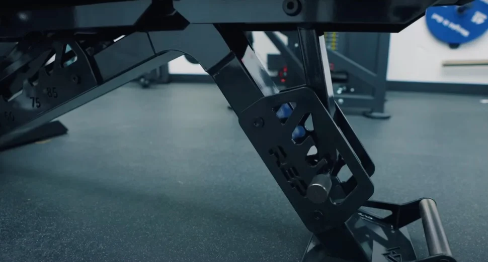 A close look at the base of a REP NightHawk bench.