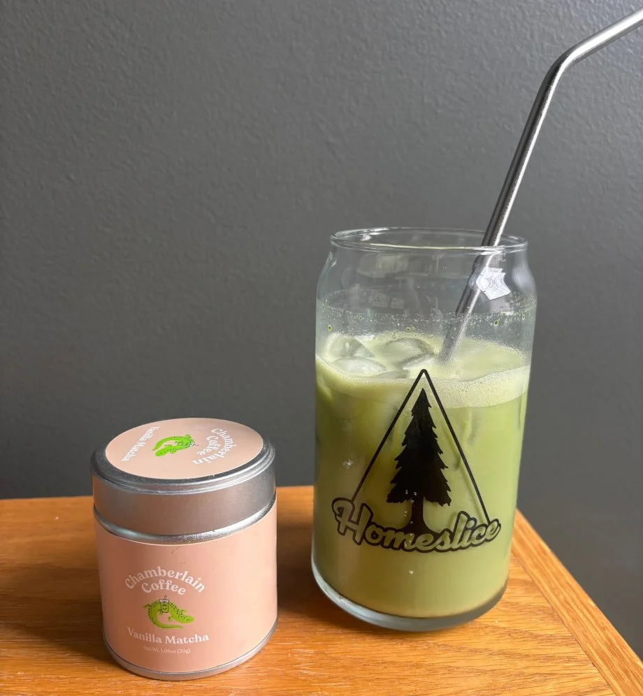 An iced glass of Chamberlain Vanilla Matcha