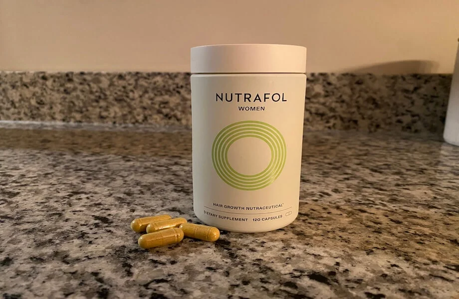 Nutrafol Women's Hair Growth Nutraceutical capsules on our tester's kitchen countertop