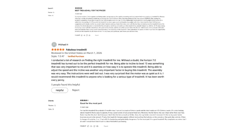 Online customer reviews for the Horizon Fitness 7.0 AT treadmill
