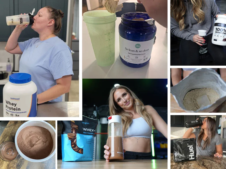 collage of protein powders for women, including nutricost, legion, ora organic, transparent labs, and huel