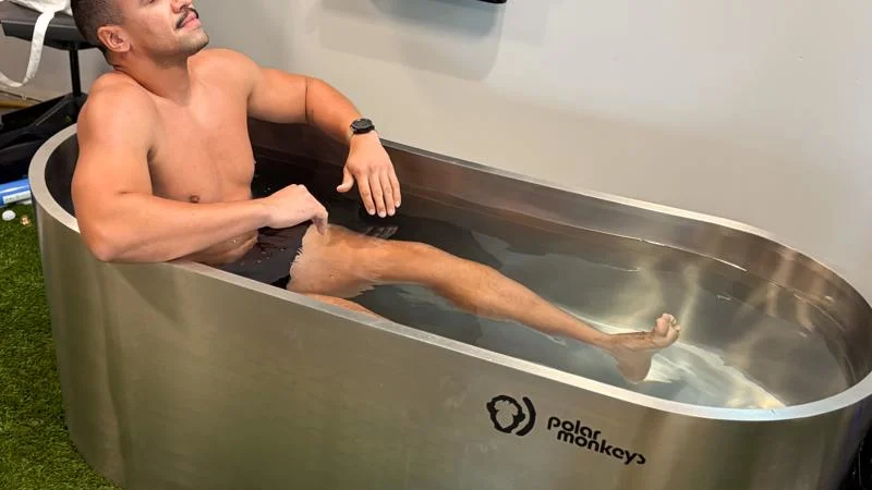 Our product tester looking mighty cold in the Polar Monkeys Cyber Tub